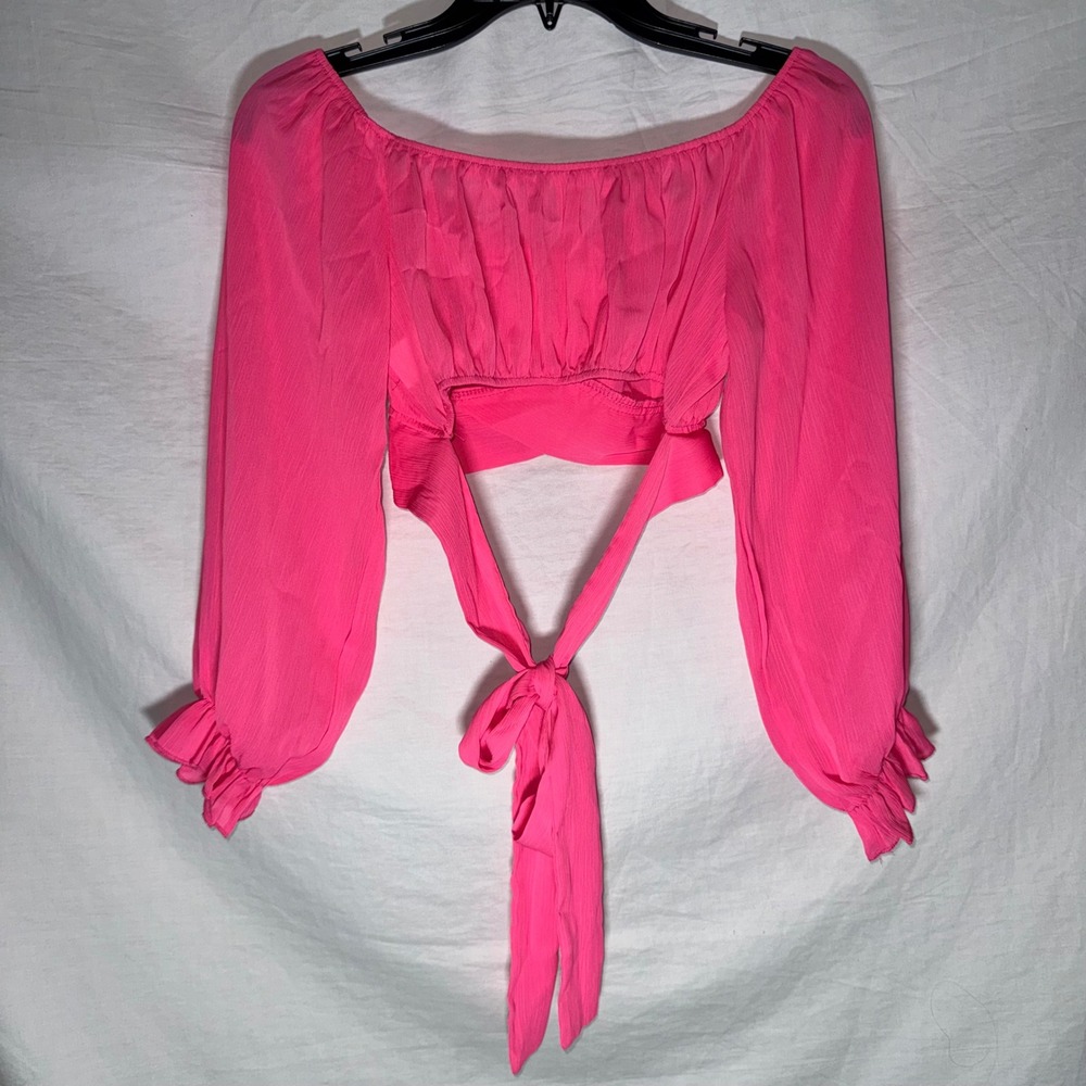 Lyaner Hot Pink Barbie Core Tie Back Crop Top Long Lantern Sleeve Size Medium - Picture 3 of 6